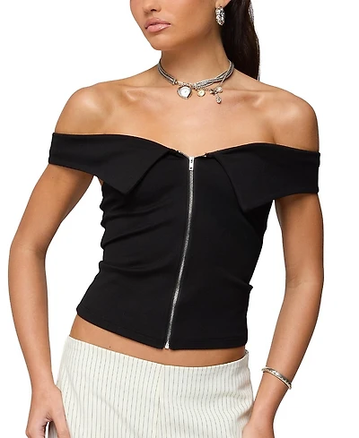 Edikted Collared Off Shoulder Zip Up Top