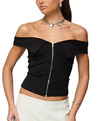 Edikted Collared Off Shoulder Zip Up Top