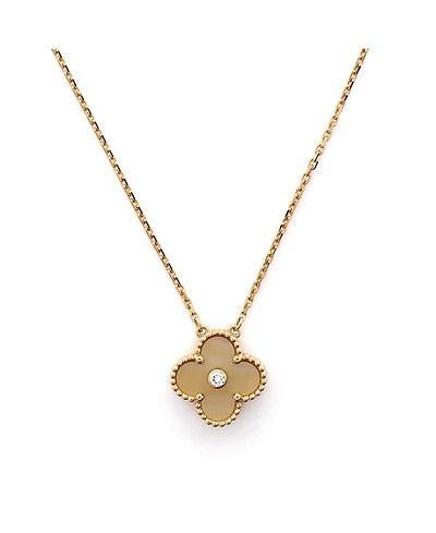 Pre-Owned Van Cleef & Arpels Vintage Alhambra Pendant Necklace 18K Gold and Gold Mother of Pearl with Diamond, 14.5 - 16.25"