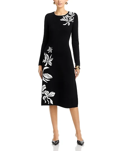 T Tahari Long Sleeve Round Neck Jacquard Dress