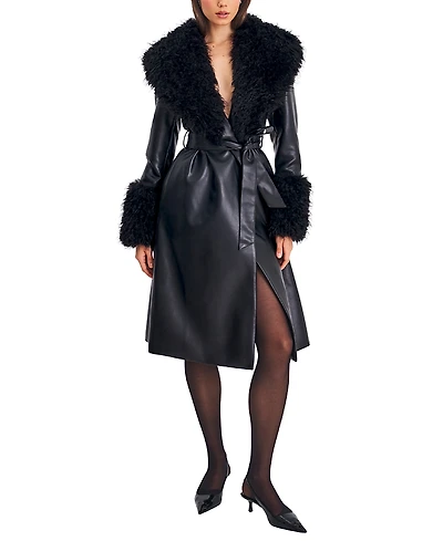 Miss Circle Zariah Faux Fur Trimmed Longline Leather Coat
