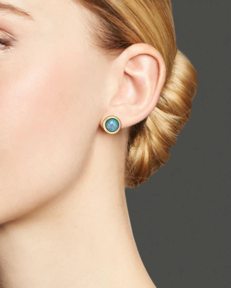 Black Opal Bezel Set Stud Earrings in 14K Yellow Gold