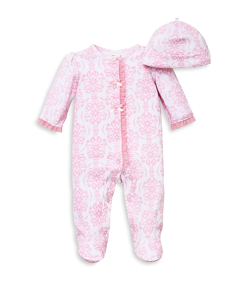 Little Me Girls' Damask Print Footie & Hat Set - Baby