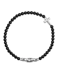 Men's Spiritual Beads Cross Station Bracelet Sterling Silver with Black Onyx, 4mm