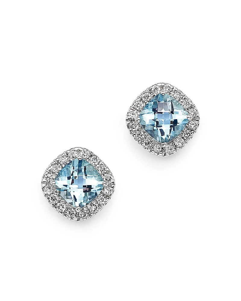 Aquamarine Cushion Cut and Diamond Stud Earrings