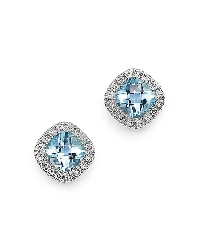 Aquamarine Cushion Cut and Diamond Stud Earrings
