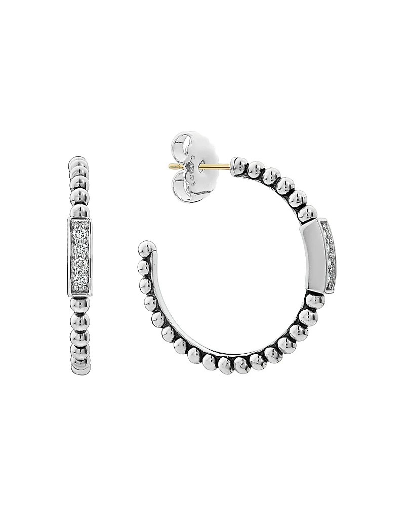 Lagos Sterling Silver Caviar Spark Diamond Hoop Earrings