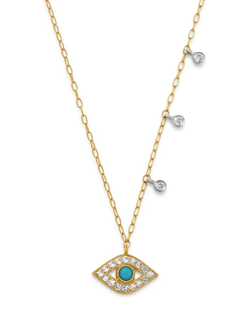 14K Yellow Gold & 14K White Gold Diamond & Turquoise Evil Eye Adjustable Pendant Necklace, 18"