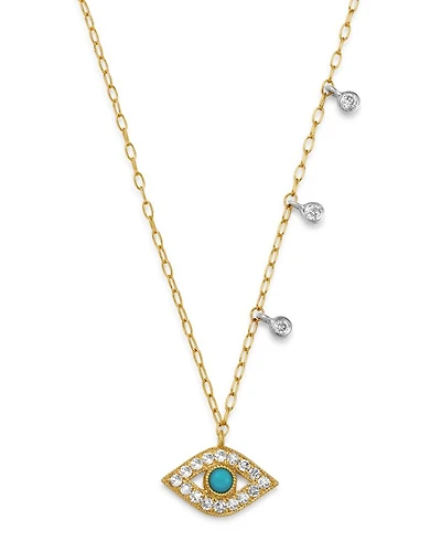 14K Yellow Gold & 14K White Gold Diamond & Turquoise Evil Eye Adjustable Pendant Necklace, 18"