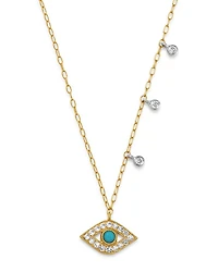 14K Yellow Gold & 14K White Gold Diamond & Turquoise Evil Eye Adjustable Pendant Necklace, 18"