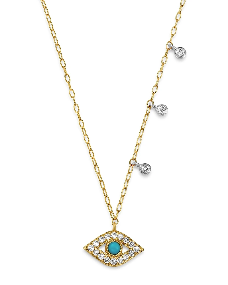Meira T 14K Yellow Gold & 14K White Gold Diamond & Turquoise Evil Eye Adjustable Pendant Necklace, 18