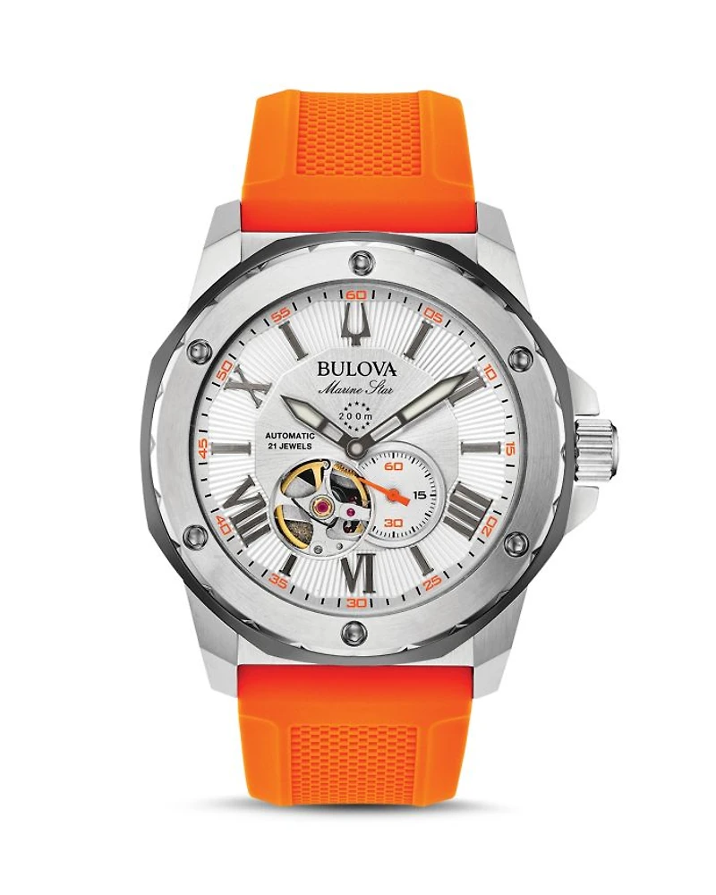 Marine Star Orange Silicone Strap Automatic Watch, 45mm