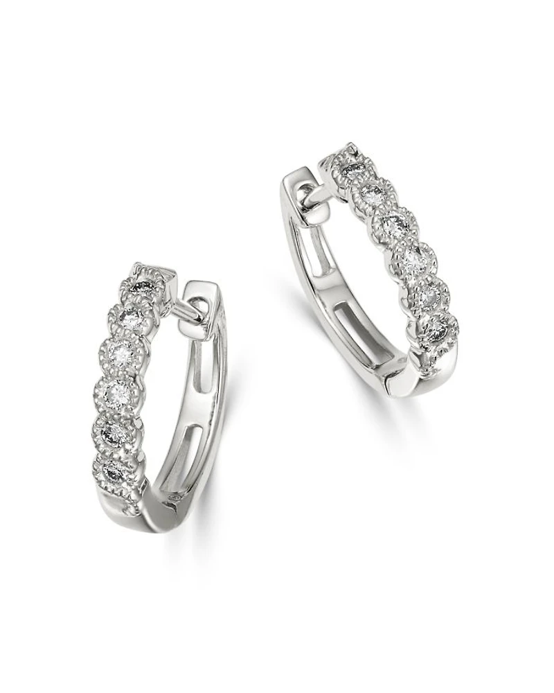 Diamond Milgrain Huggie Hoop Earrings in 14K White Gold, 0.10 tcw