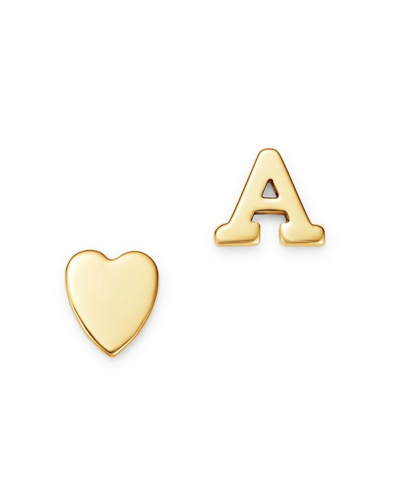 14K Yellow Gold Heart & Initial Stud Earrings