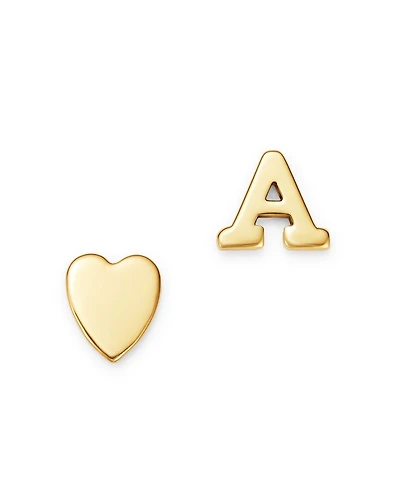 14K Yellow Gold Heart & Initial Stud Earrings