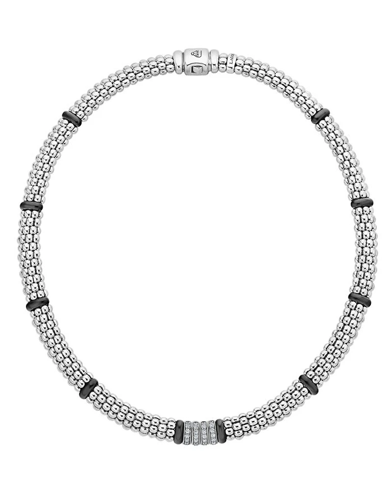 Sterling Silver Black Caviar Diamond & Ceramic Station Necklace