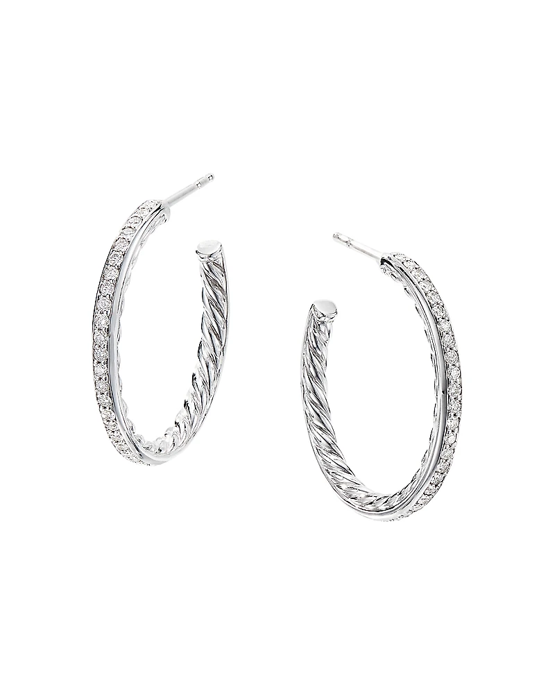 David Yurman Sterling Silver Small Hoop Earrings with Pave Diamonds