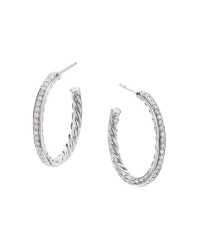 David Yurman Sterling Silver Small Hoop Earrings with Pave Diamonds