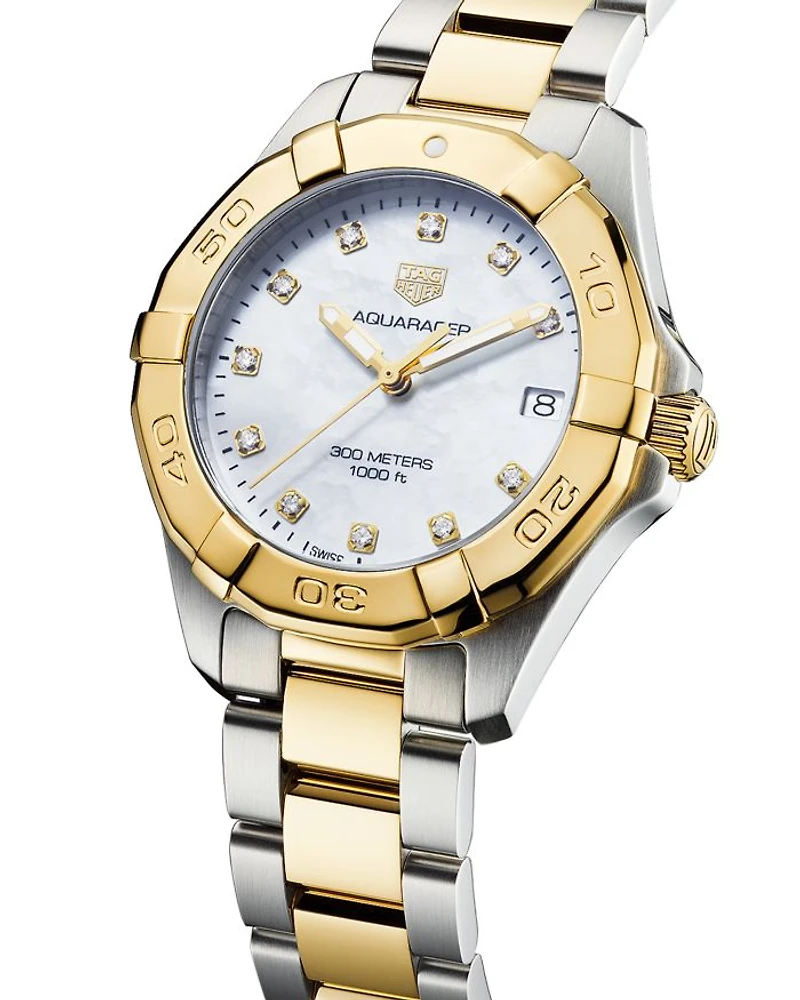 Aquaracer Quartz Ladies' Mother of Pearl Steel & 18K Yellow Gold Coating Watch, 32mm