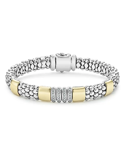 Lagos Sterling Silver & 18K Yellow Gold Caviar Diamond Link Bracelet