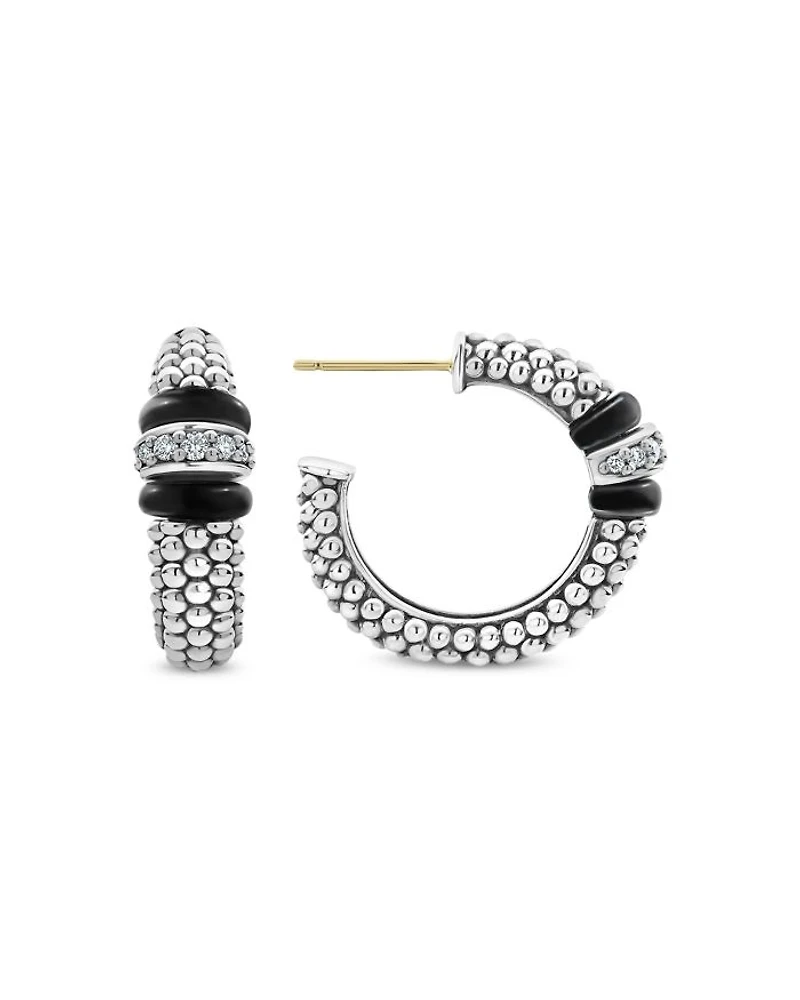 Sterling Silver Black Caviar Diamond & Black Ceramic Hoop Earrings