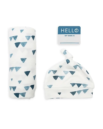 Boys' 3 Pc. Hello World Triangle Print Hat, Blanket & Name Tag Set - Baby