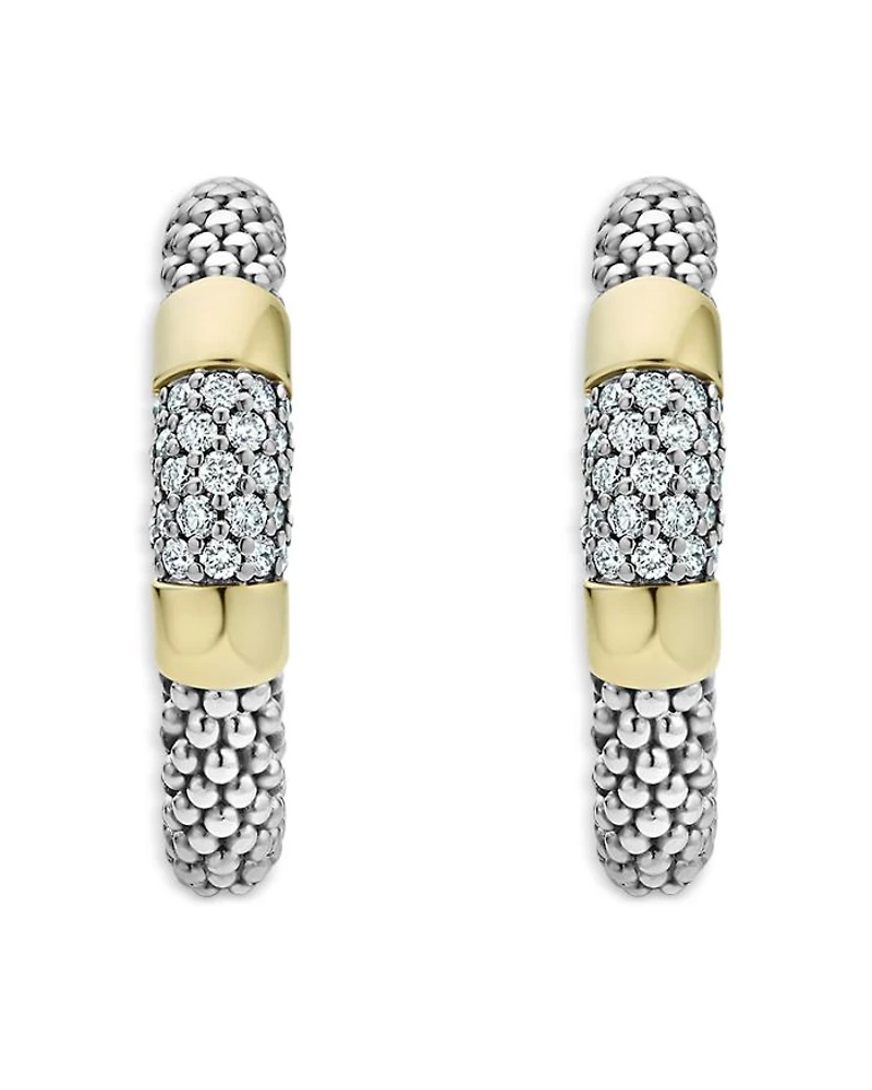 Sterling Silver & 18K Gold High Bar Diamond Huggie Hoop Earrings