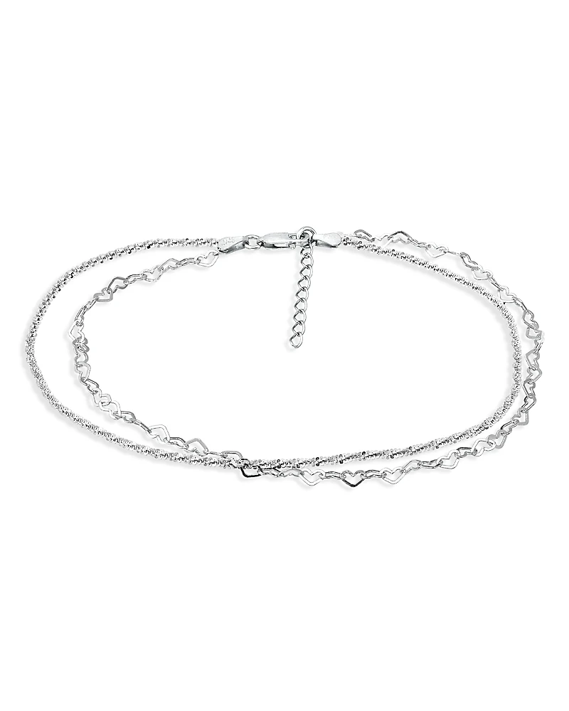 Aqua Double Row Heart Link & Diamond Cut Rope Chain Ankle Bracelet