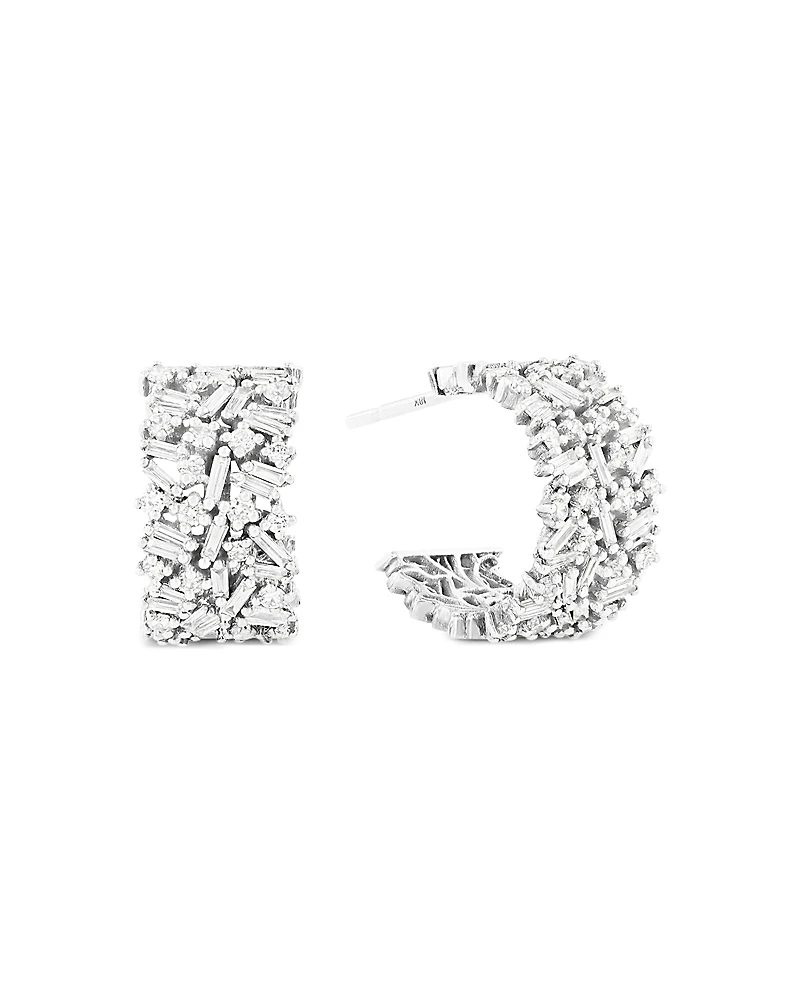 Suzanne Kalan 18K White Gold Fireworks Diamond Round Cut & Baguette Scattered Cluster Small Hoop Earrings