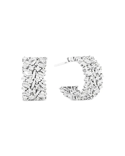 Suzanne Kalan 18K White Gold Fireworks Diamond Round Cut & Baguette Scattered Cluster Small Hoop Earrings