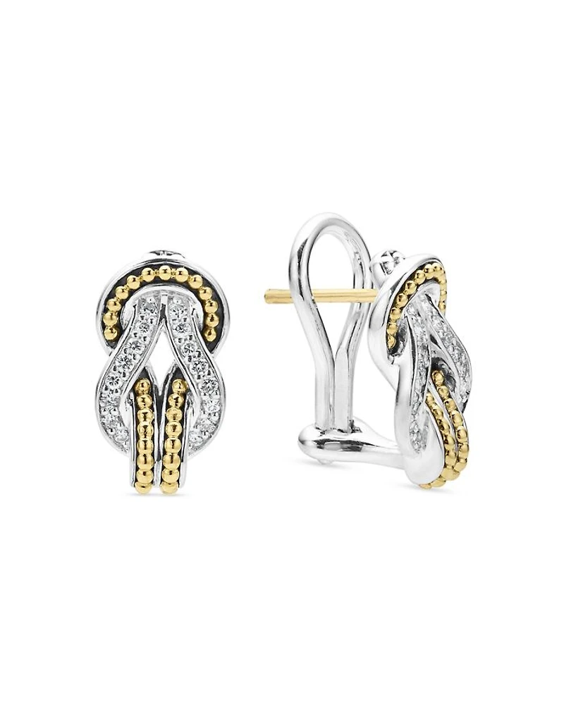 18K Yellow Gold & Sterling Silver Newport Diamond Knot Large Omega Clasp Earrings