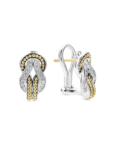 18K Yellow Gold & Sterling Silver Newport Diamond Knot Large Omega Clasp Earrings