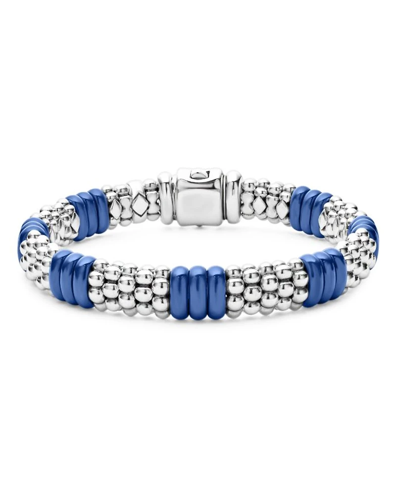 18K Yellow Gold & Sterling Silver Blue Ceramic Rondelle Caviar Bead Statement Bracelets