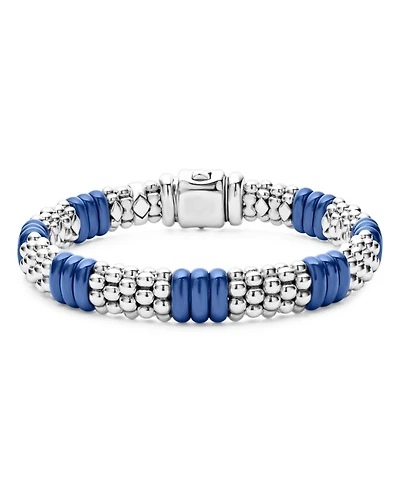 18K Yellow Gold & Sterling Silver Blue Ceramic Rondelle Caviar Bead Statement Bracelets
