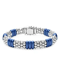 18K Yellow Gold & Sterling Silver Blue Ceramic Rondelle Caviar Bead Statement Bracelets