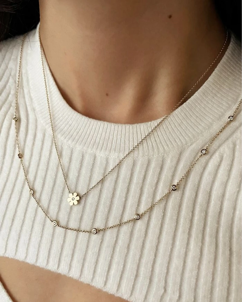 14K Yellow Gold Diamond Flower Pendant Necklace, 16-18"