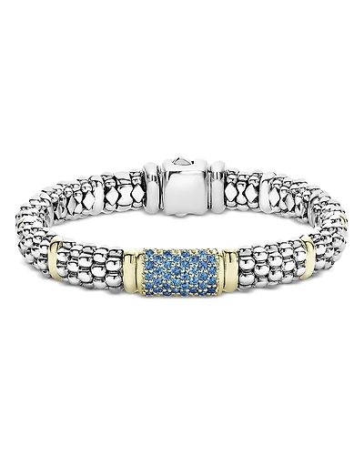 Lagos 18K Yellow Gold & Sterling Silver Signature Caviar Sapphire Pave Link Bracelet