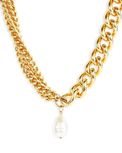 Imitation Pearl Chain Link Pendant Necklace in Gold Tone, 18"