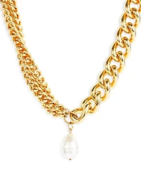 Imitation Pearl Chain Link Pendant Necklace in Gold Tone, 18"