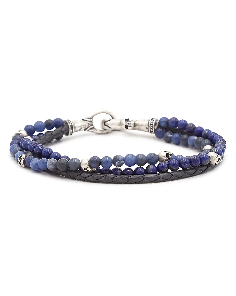 John Varvatos Men's Sterling Silver Sodalite & Lapis Lazuli Blue Leather Triple Strand Bracelet
