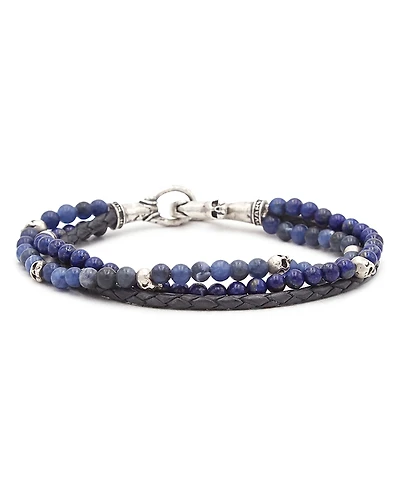 John Varvatos Men's Sterling Silver Sodalite & Lapis Lazuli Blue Leather Triple Strand Bracelet