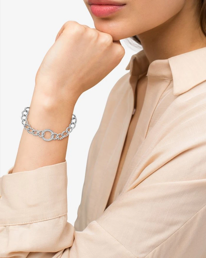Sterling Silver Caviar Spark Diamond Circle Bead Open Link Bracelet