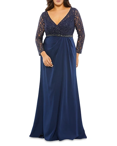 Mac Duggal Plus Lace Illusion Long Sleeve V-Neck Draped Gown