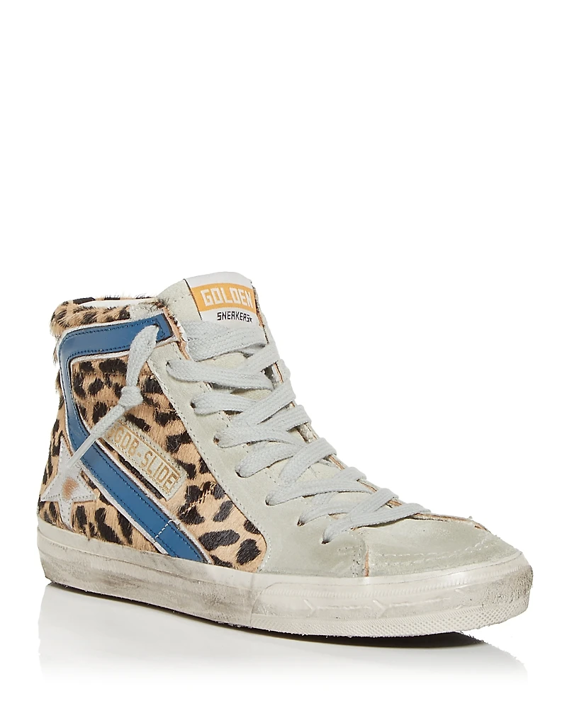 Golden Goose Women's Slide Leopard Print Calf Hair High Top Sneakers