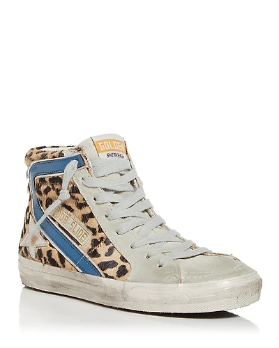 Golden Goose Women's Slide Leopard Print Calf Hair High Top Sneakers