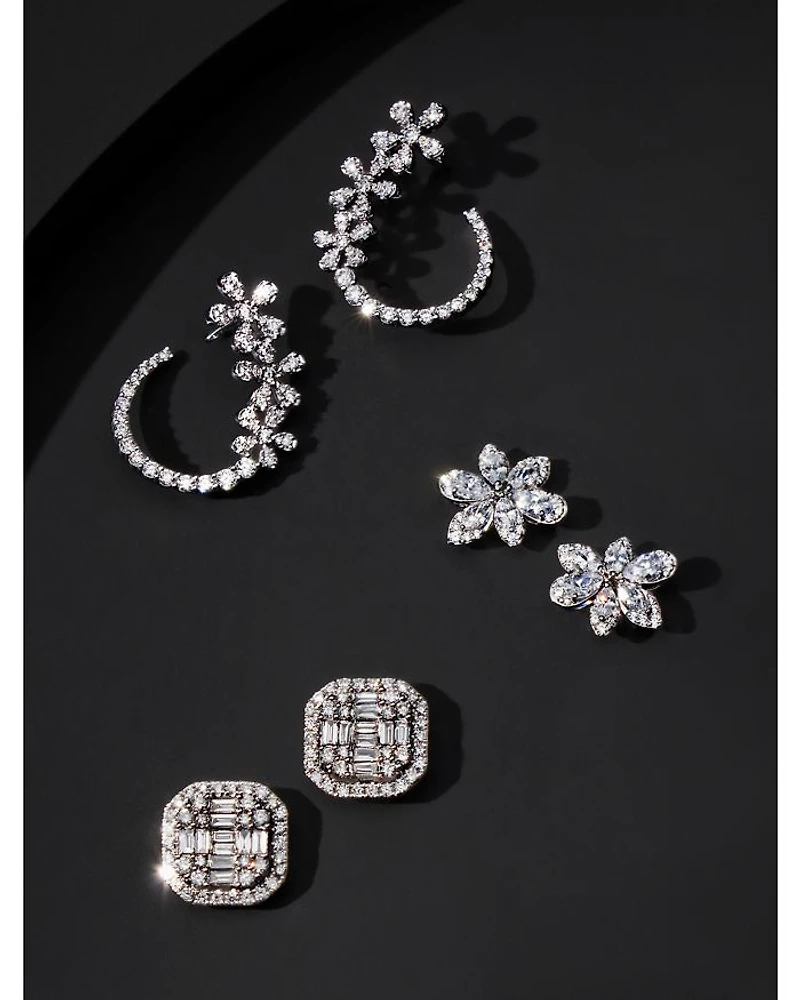 Diamond Flower Front-to-Back Earrings in 14K White Gold, 1.0 tcw