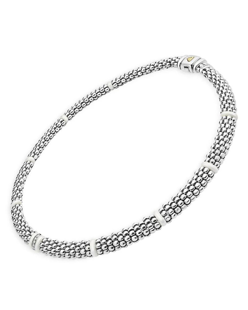 Ceramic & Sterling Silver White Caviar Diamond Station Necklace