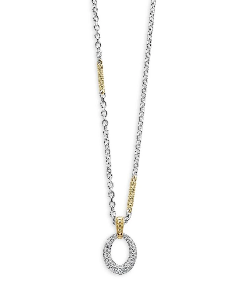 18K Yellow Gold & Sterling Silver Caviar Lux Oval Diamond Pendant Necklace, 16"