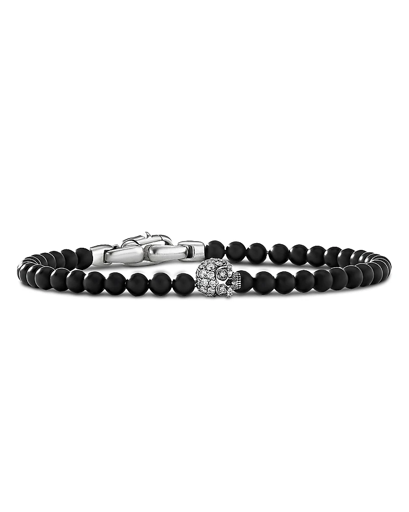 David Yurman Sterling Silver Memento Mori Onyx & Diamond Skull Bead Bracelet