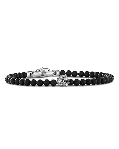 David Yurman Sterling Silver Memento Mori Onyx & Diamond Skull Bead Bracelet